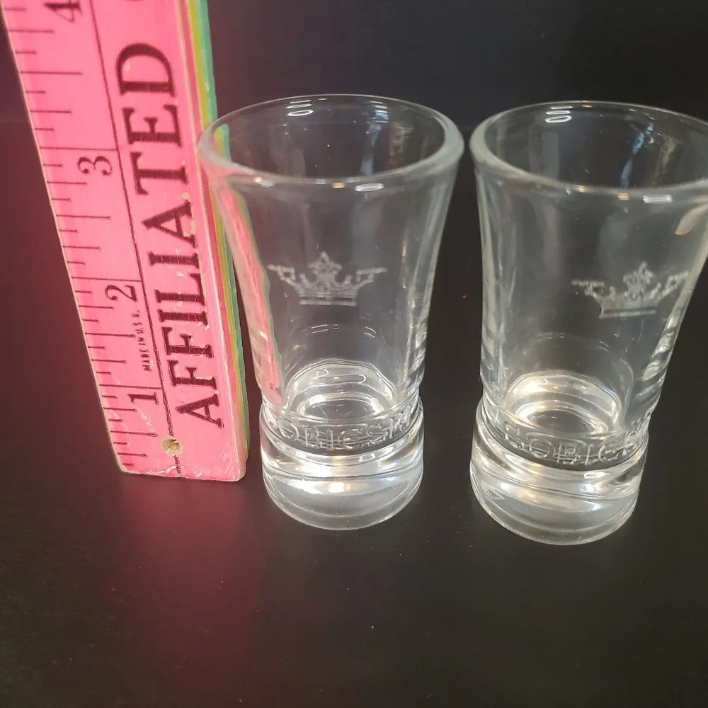 Set Of 2 Sobieski Polish Vodka Shot Glasses Embossed Crown Logo Barware
